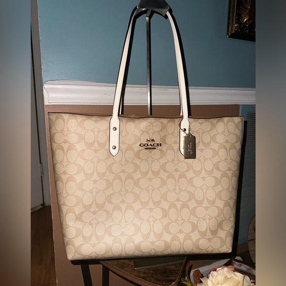 Coach Handbags - Coach Town Reversible Leather Tote Bag; Light Khaki/Chalk